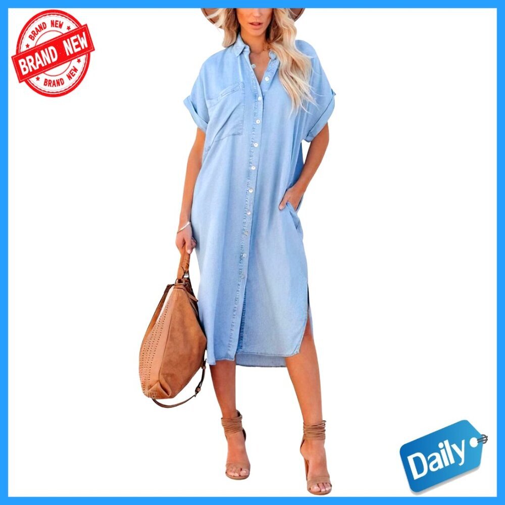 Denim Shirt Dress Midi Length Loose Fit Casual Chic Summer Tunic
